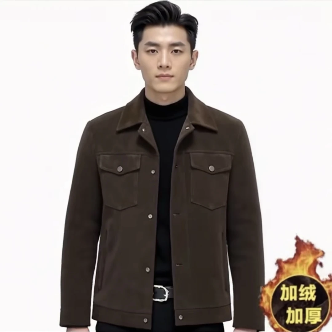翻领冬季保暖中青年男士商务复古皮衣加绒百搭商务韩版修身时尚