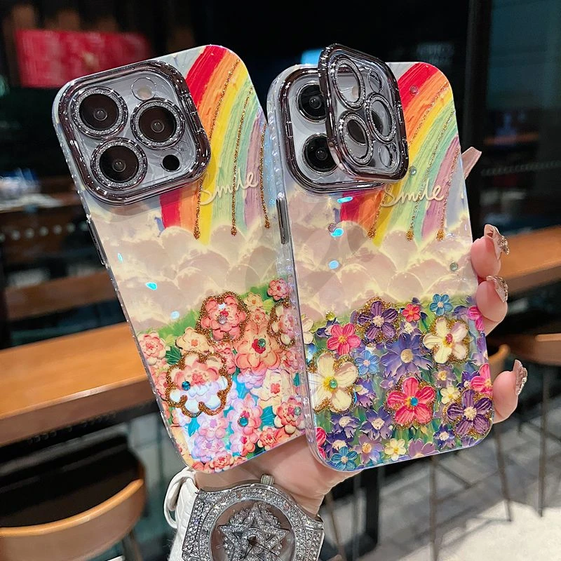 适用苹果系列iPhone16新款手机壳优雅花海挂绳银灰色闪粉镜头支架