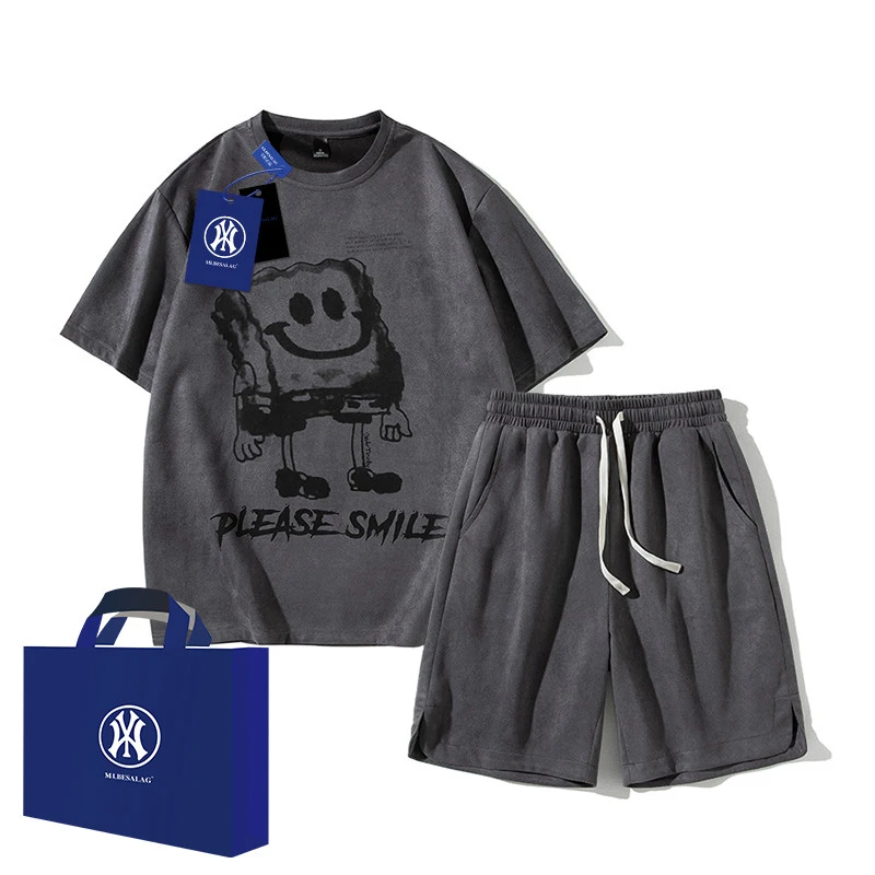 潮牌麂皮绒大码短袖短裤套装男夏季情侣体恤海绵宝宝搭配一整套装
