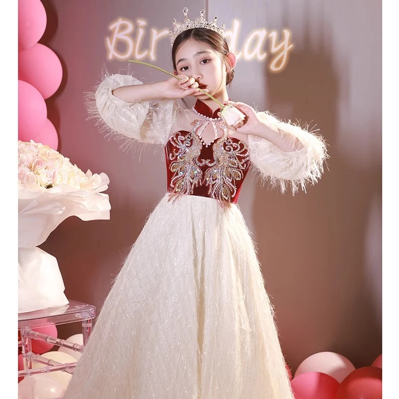 新中式女童晚礼服高端轻奢小众国风连衣裙花童婚礼钢琴演出服长袖