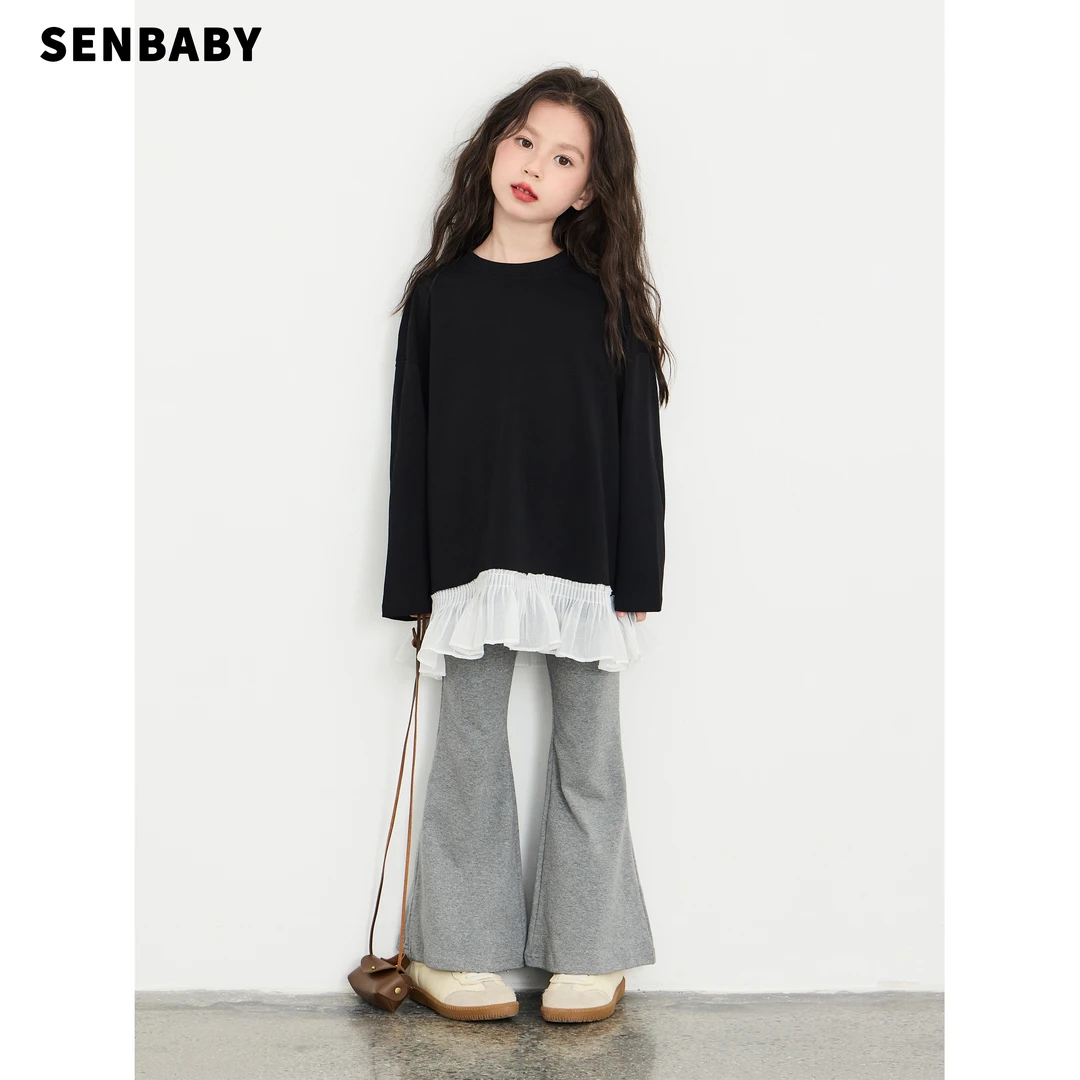 【现货】senbaby女童秋季两件套黑色拼接上衣时尚灰色喇叭裤套装