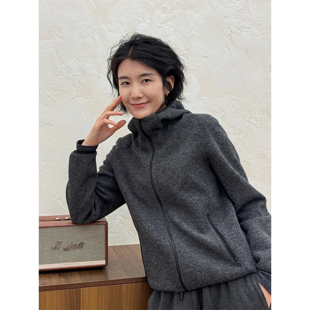 LANGQING 极简休闲羊毛混纺拉链开衫连帽外套47013#