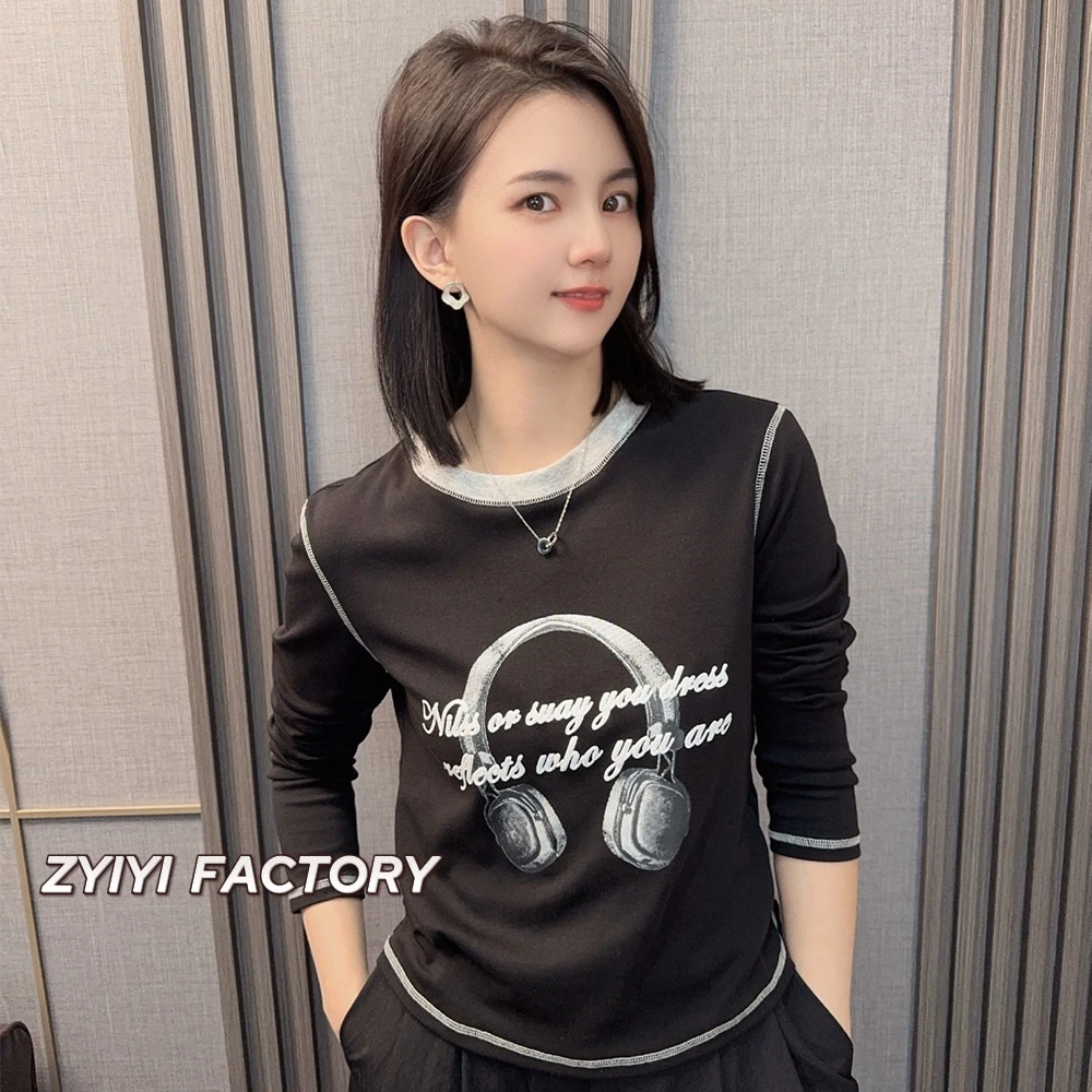 【耳机音色】2025春季新款韩版长袖T恤修身显瘦休闲百搭上衣女