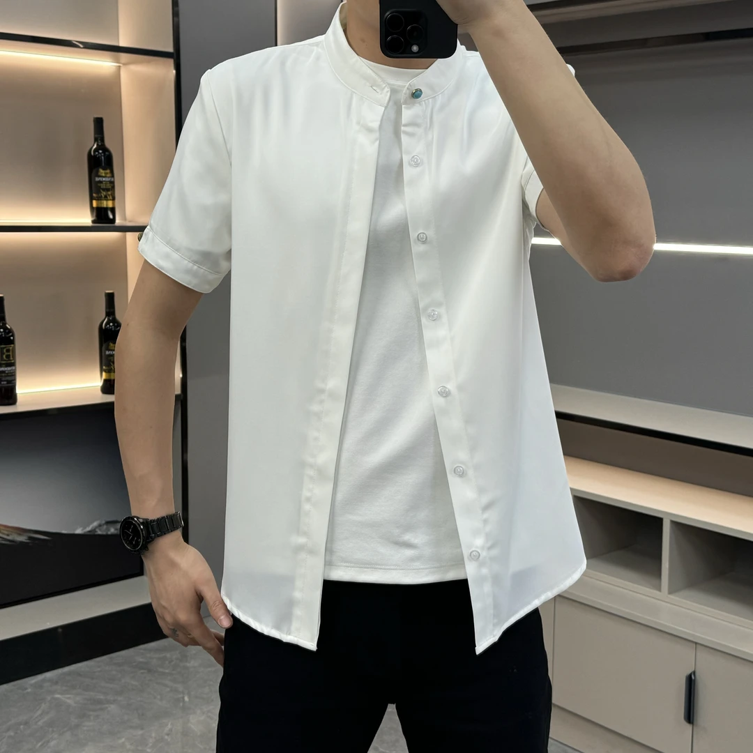 25098夏季新款2025男士一粒扣中国风简约百搭纯色高品质短袖衬衫