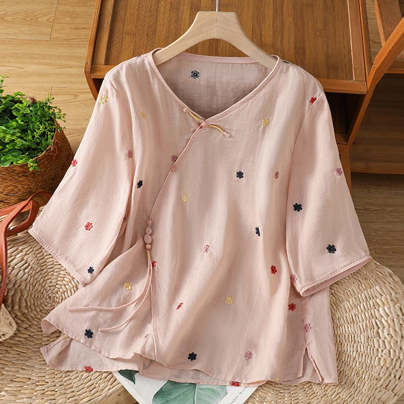 新中式斜襟显瘦衬衫女2025夏季新款休闲韩版百搭宽松流行上衣小衫