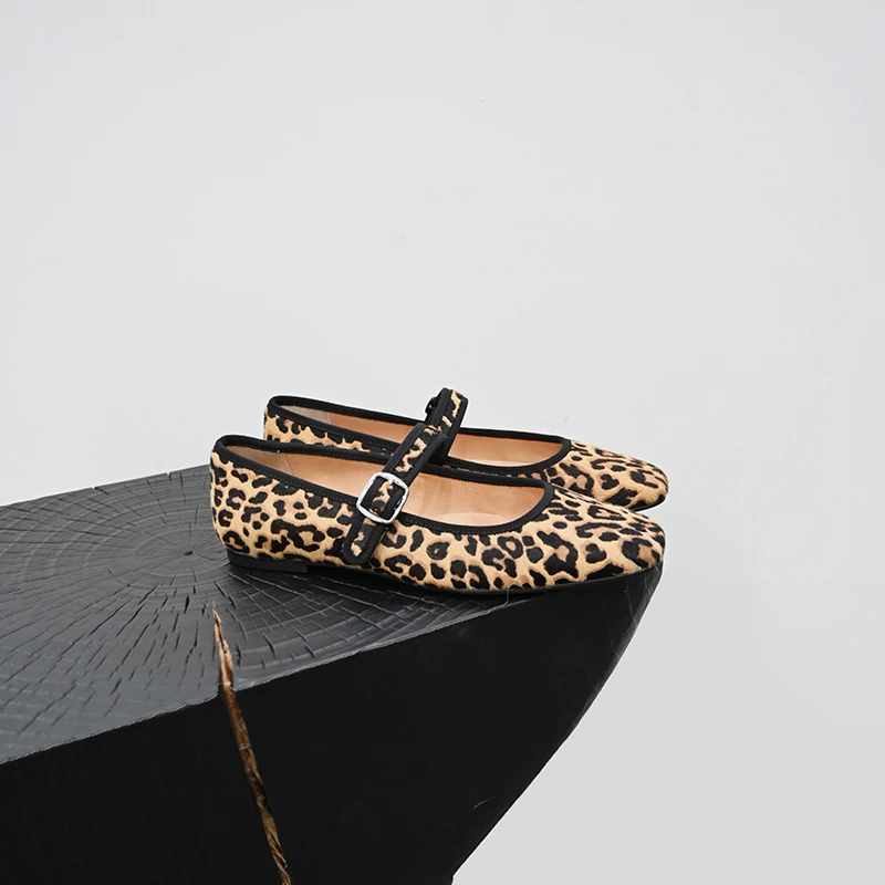 真皮圆头平底豹纹芭蕾鞋超软一字扣玛丽珍鞋优雅百搭低跟单鞋