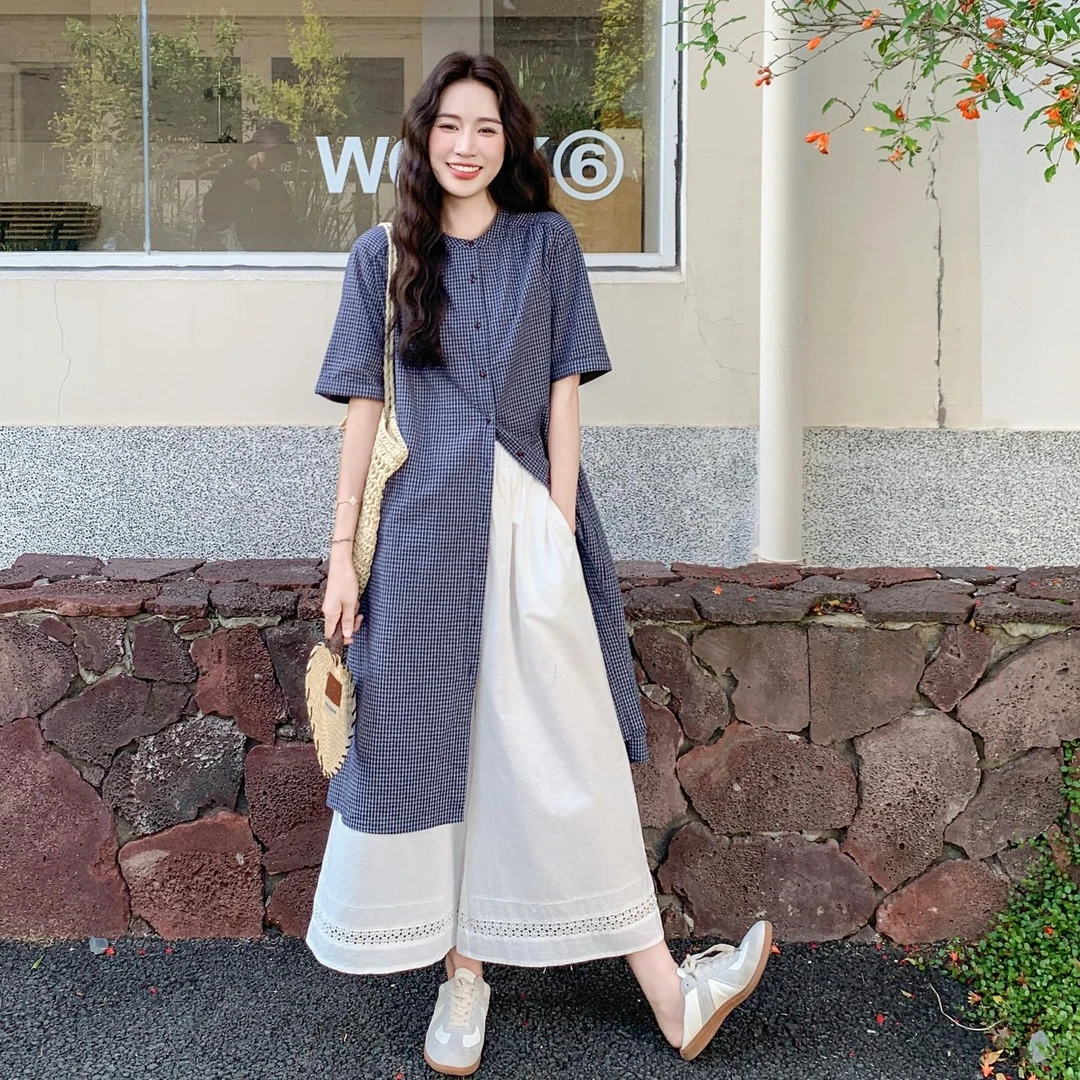 日系文艺蓝色格纹长款衬衫阔腿裤套装女2025夏季流行松弛感两件套