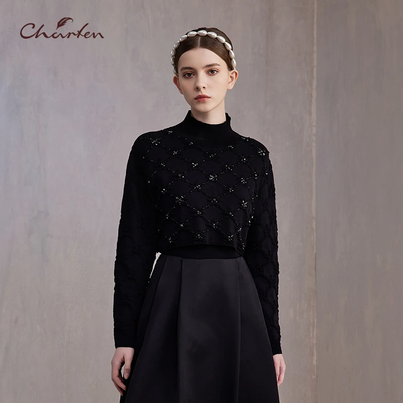 朝峰烫钻长袖半高领修身型针织毛衣CFE3C032-0091C