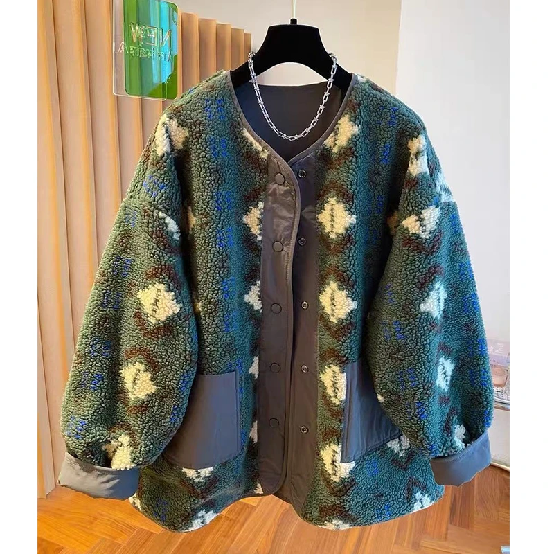 两面穿毛毛绒外套女2025秋冬复古印花慵懒风圆领宽松大码中长款