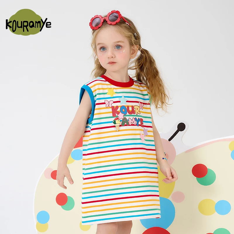 酷娃米2025年夏季新款中小女童百搭缤纷条纹卡通背心裙20798