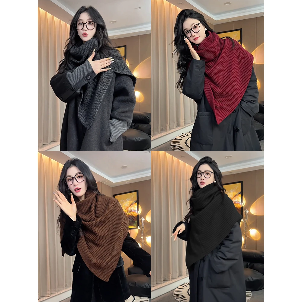 高级感四色百搭围脖围巾披肩针织女秋冬外搭叠穿保暖脖套开叉围脖