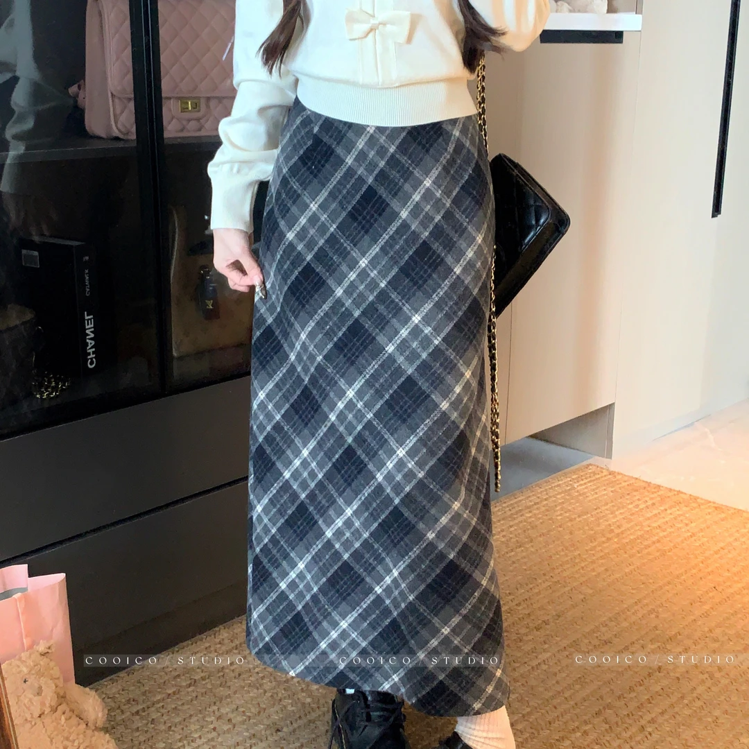 秋冬复古格子毛呢半身裙女高腰显瘦A字包臀裙适合微胖身材2034