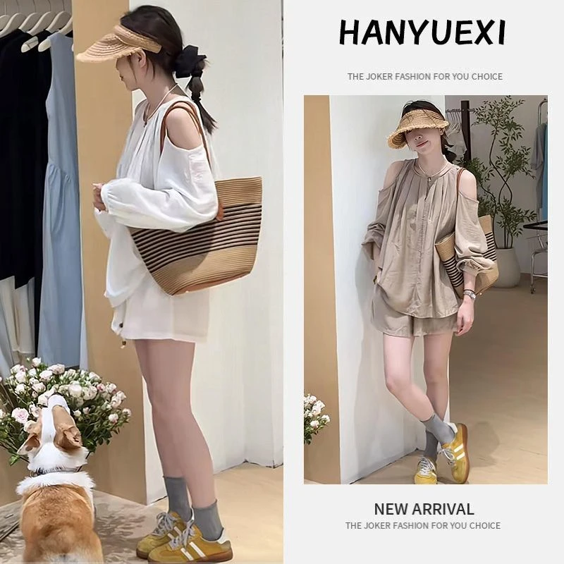 【现货】夏季女装2025新款松弛感露肩设计防晒长袖上衣短裤两件套