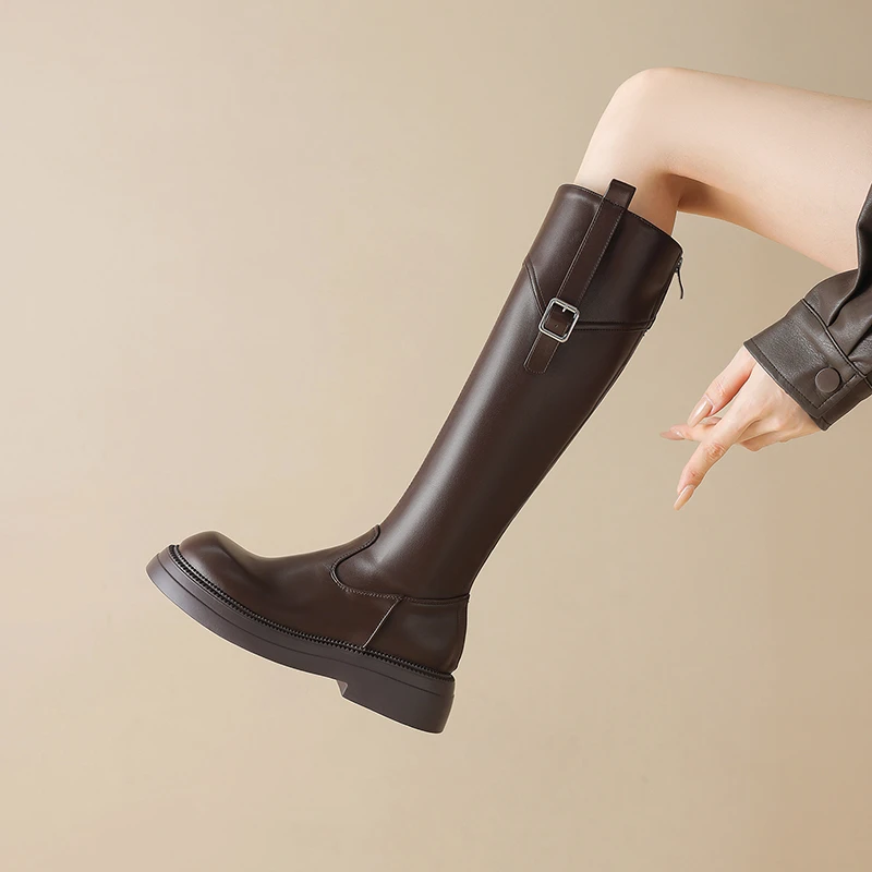 不过膝厚底长靴秋冬圆头长筒皮靴大筒围大码40-43弹力高筒骑士靴