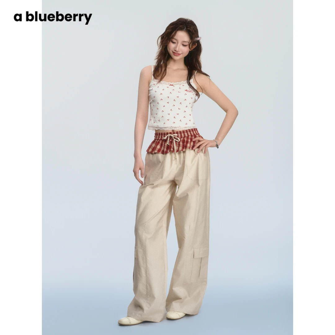 ablueberry 拼接韩版辣妹直筒裤女格子显腿长薄款休闲裤BJ3012321