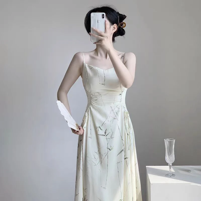 新中式水墨竹叶印花吊带连衣裙夏季超仙森系气质收腰显瘦复古长裙