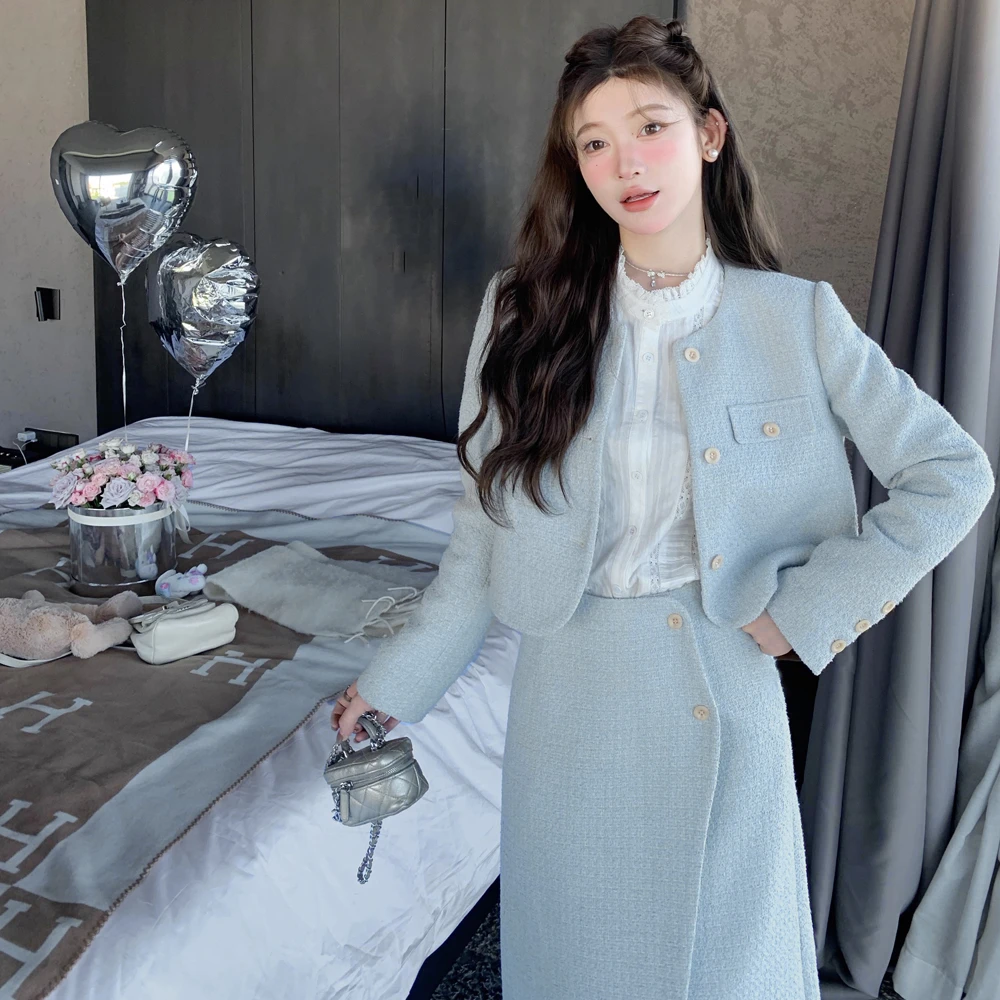 8200【朵拉】大码女装小香风开衫半身裙套装微胖mm显瘦胖妹妹两件套