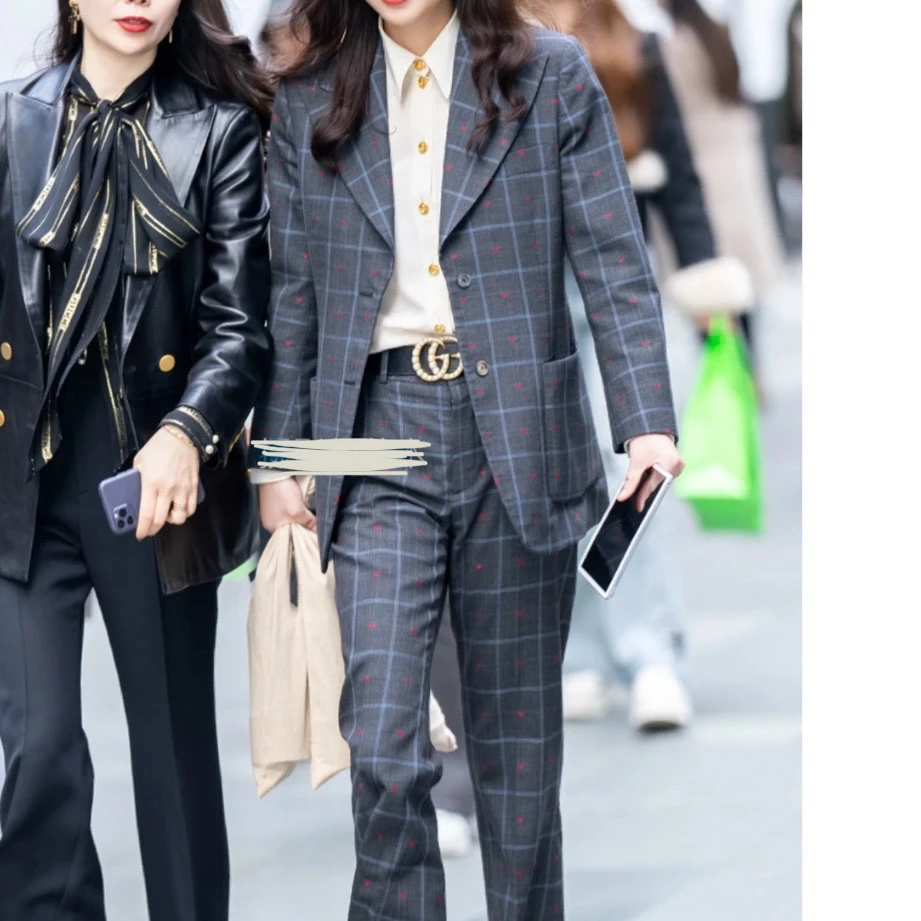 95新 GUCCI/古驰 灰色格纹满印爱心西服套装