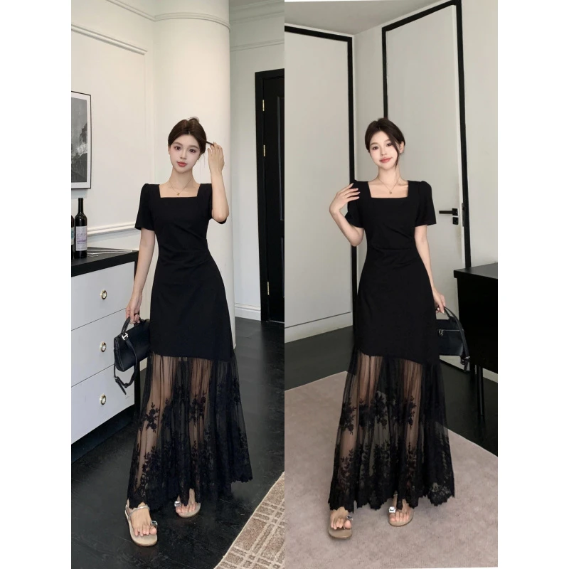 大码女装气质显瘦蕾丝拼接短袖中长款连衣裙显瘦