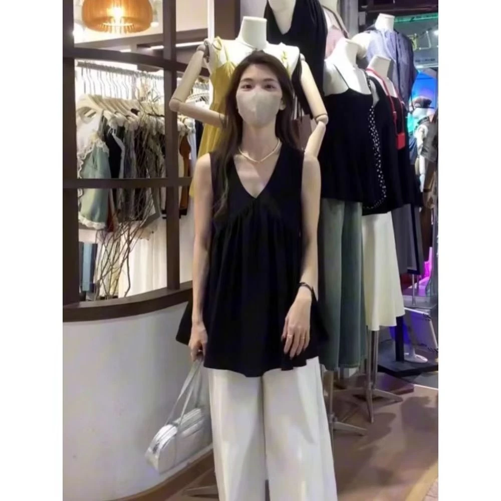 超好看中长款黑色背心女夏季2025新款法式设计感显瘦洋气上衣服
