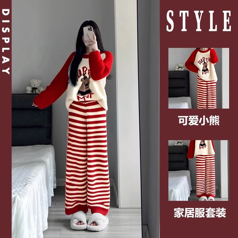 睡衣女秋冬季新年红卡通小熊半边绒撞色条纹加绒加厚珊瑚绒家居服