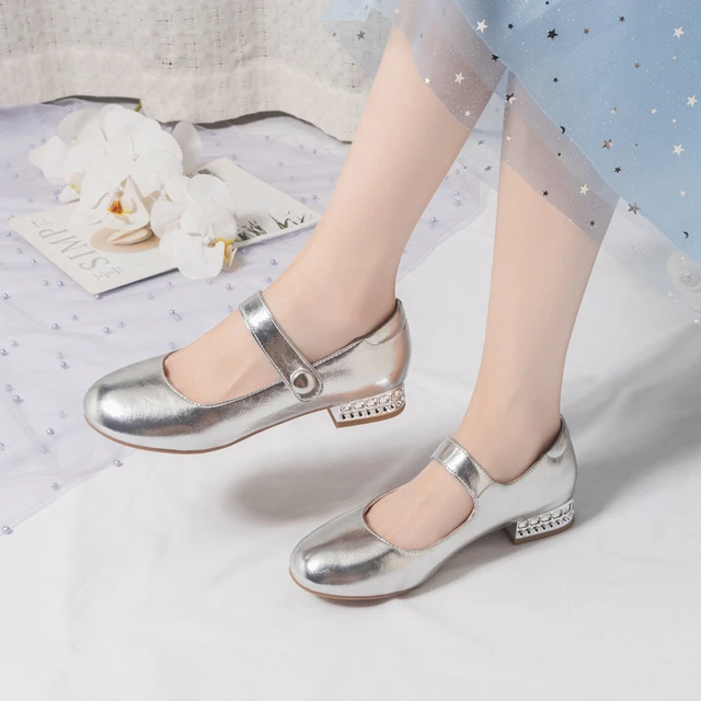 女童皮鞋银色礼服鞋主持人演出高跟水晶鞋小女孩公主儿童单鞋春秋