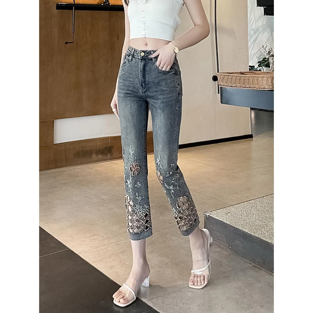 八分牛仔裤女夏季薄款小直筒夏裤子刺绣镶钻镂空小个子法棍烟管裤