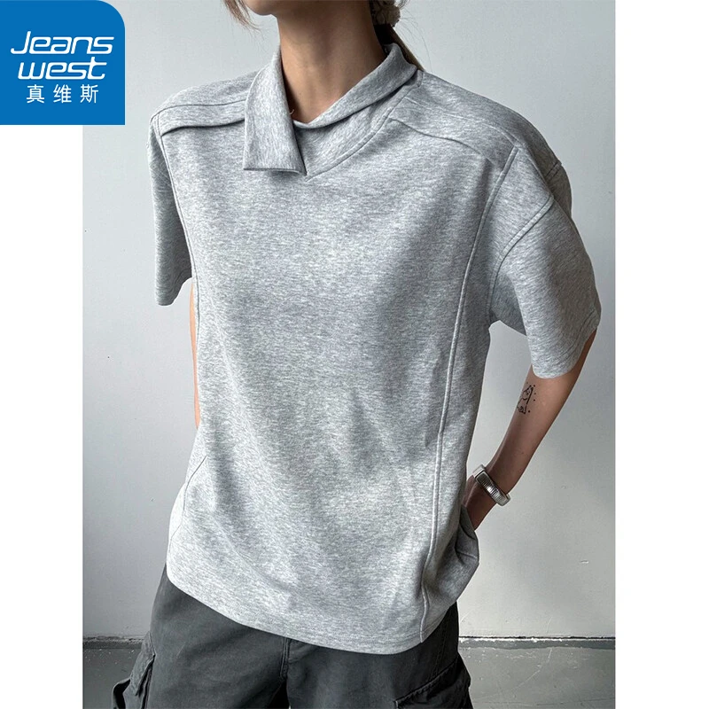 真维斯夏季帅气解构拼接不规则领短袖T恤美式大码百搭半袖上衣男