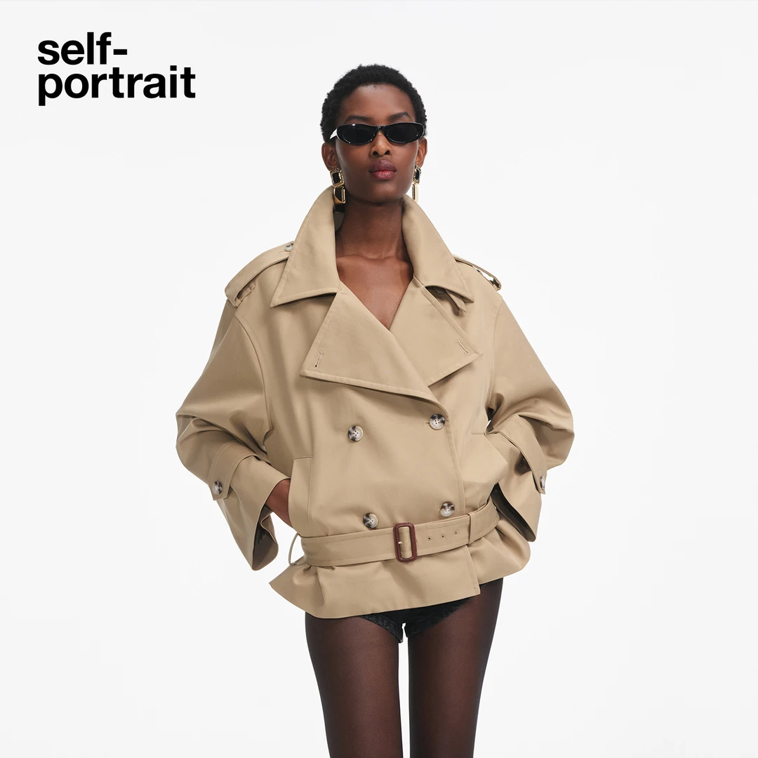 self-portrait 2025秋冬新款卡其色通勤双排扣短款复古风衣外套