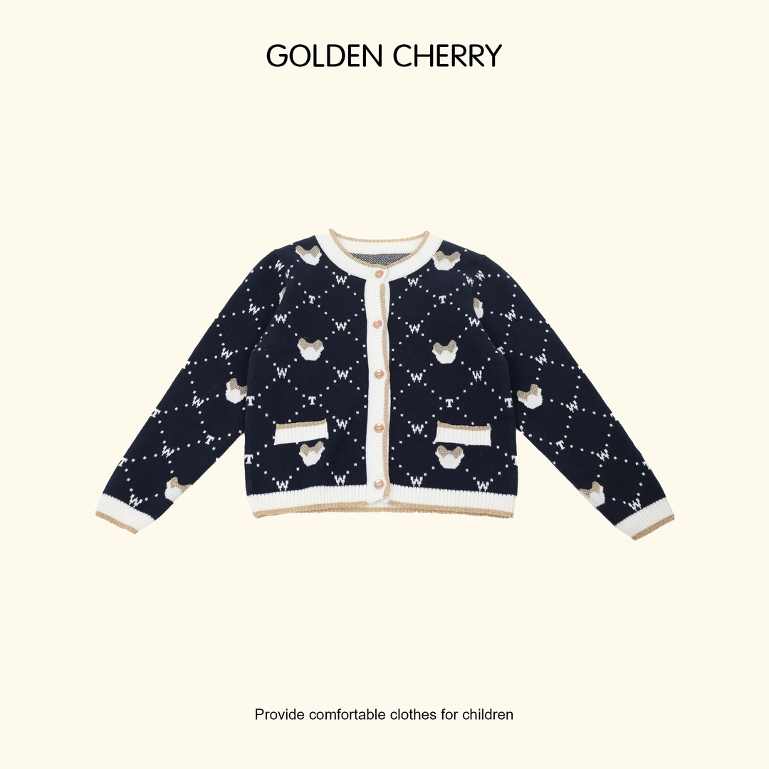 【Golden cherry】女童藏青色小熊针织洋气开衫
