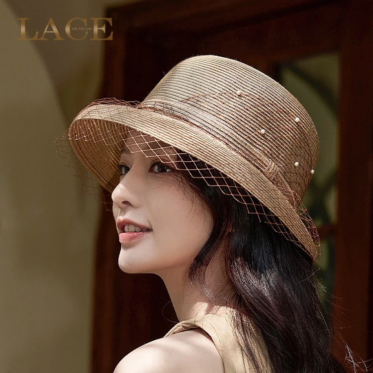 帽子女夏天遮阳帽韩版休闲百搭面纱礼帽户外防晒太阳帽沙滩帽草帽