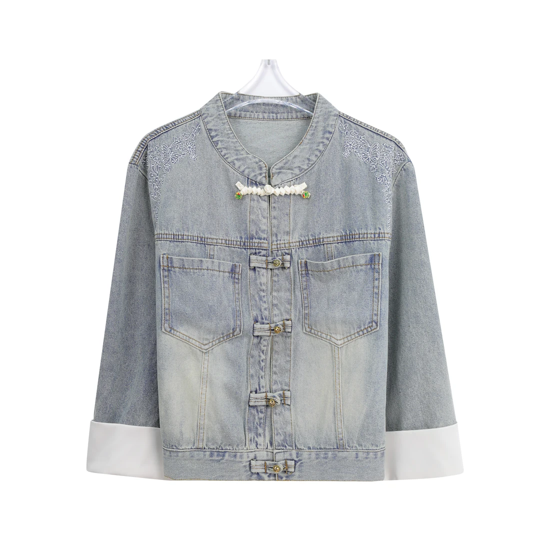 新中式盘扣装饰水洗牛仔刺绣印花外套C68002