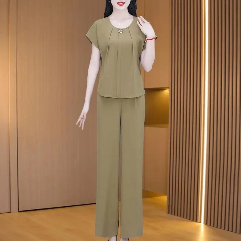 时尚休闲显瘦套装女士2025夏季新款韩版气质减龄短袖阔腿裤两件套