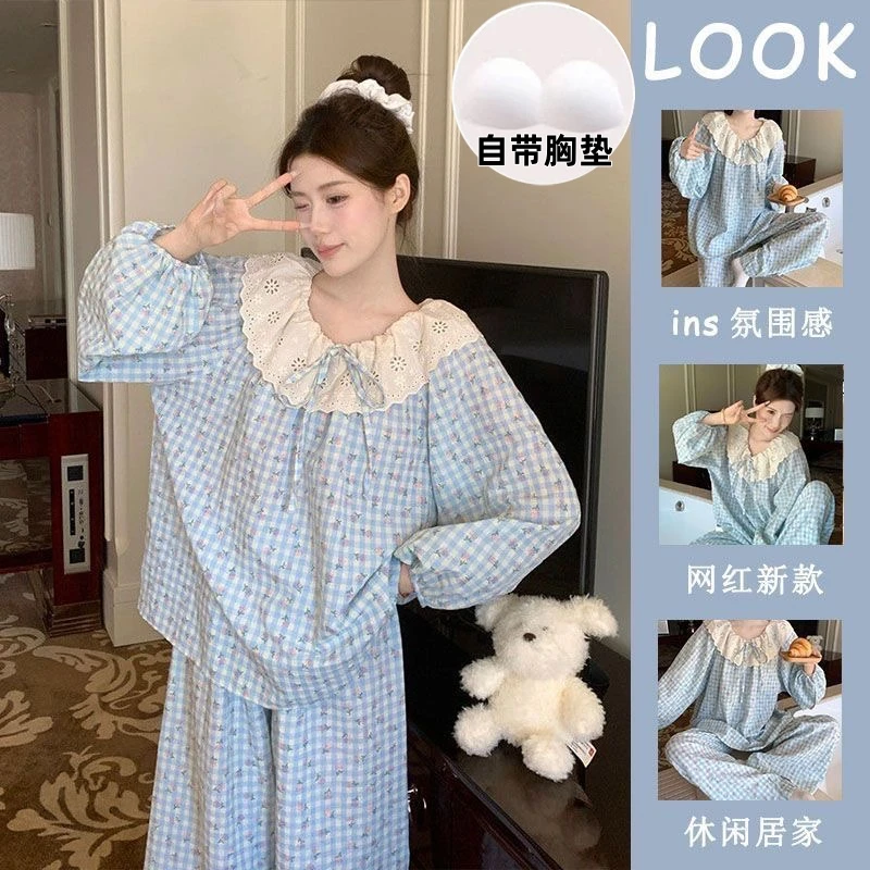 100%云朵棉带胸垫睡衣简约韩版网红ins家居服睡衣女春秋5A小清新