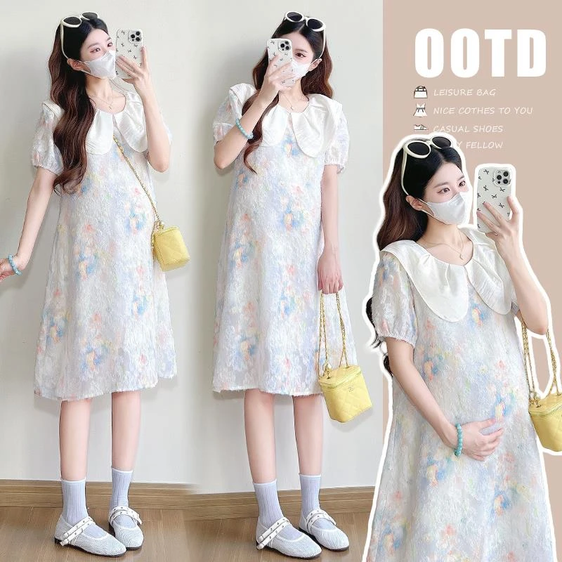 孕妇装夏季连衣裙2025新款法式提花多巴胺娃娃领减龄中长款A字裙