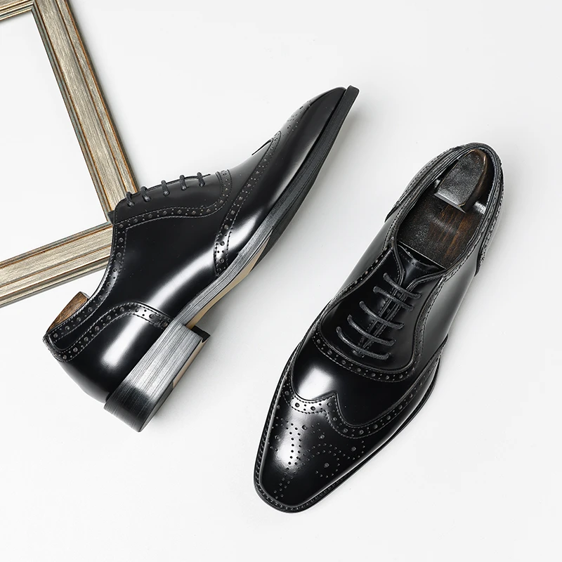 手工真皮男士商务正装皮鞋潮流布洛克雕花方头牛津鞋英伦潮流婚鞋