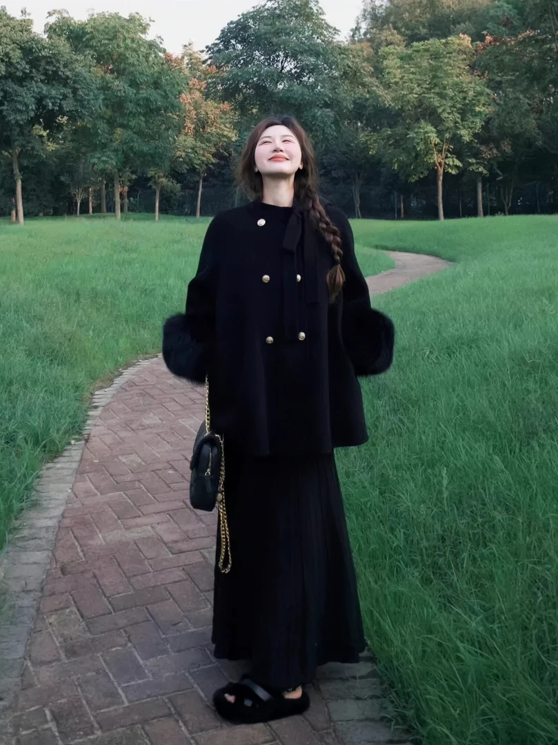 赫本风高级感冬季穿搭一整套装女微胖mm冬季蝴蝶结外套裙子两件套