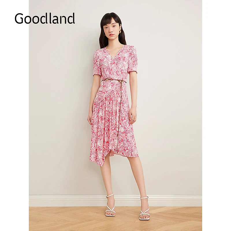 Goodland美地女装2025夏季新款气质印花法式浪漫v领连衣裙裹身裙