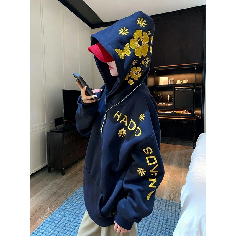 欧洲站ins超大码300斤花卉刺绣连帽卫衣女加绒高街学院风宽松外套