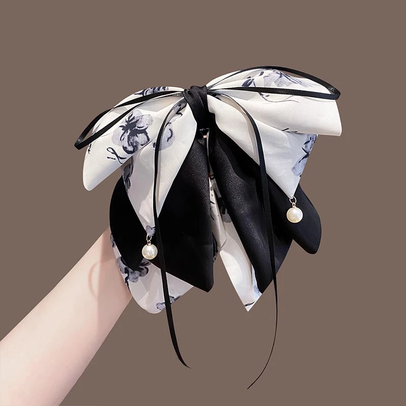 2025新款印花蝴蝶结抓夹女国风气质马尾夹飘带半扎鲨鱼夹汉服头饰