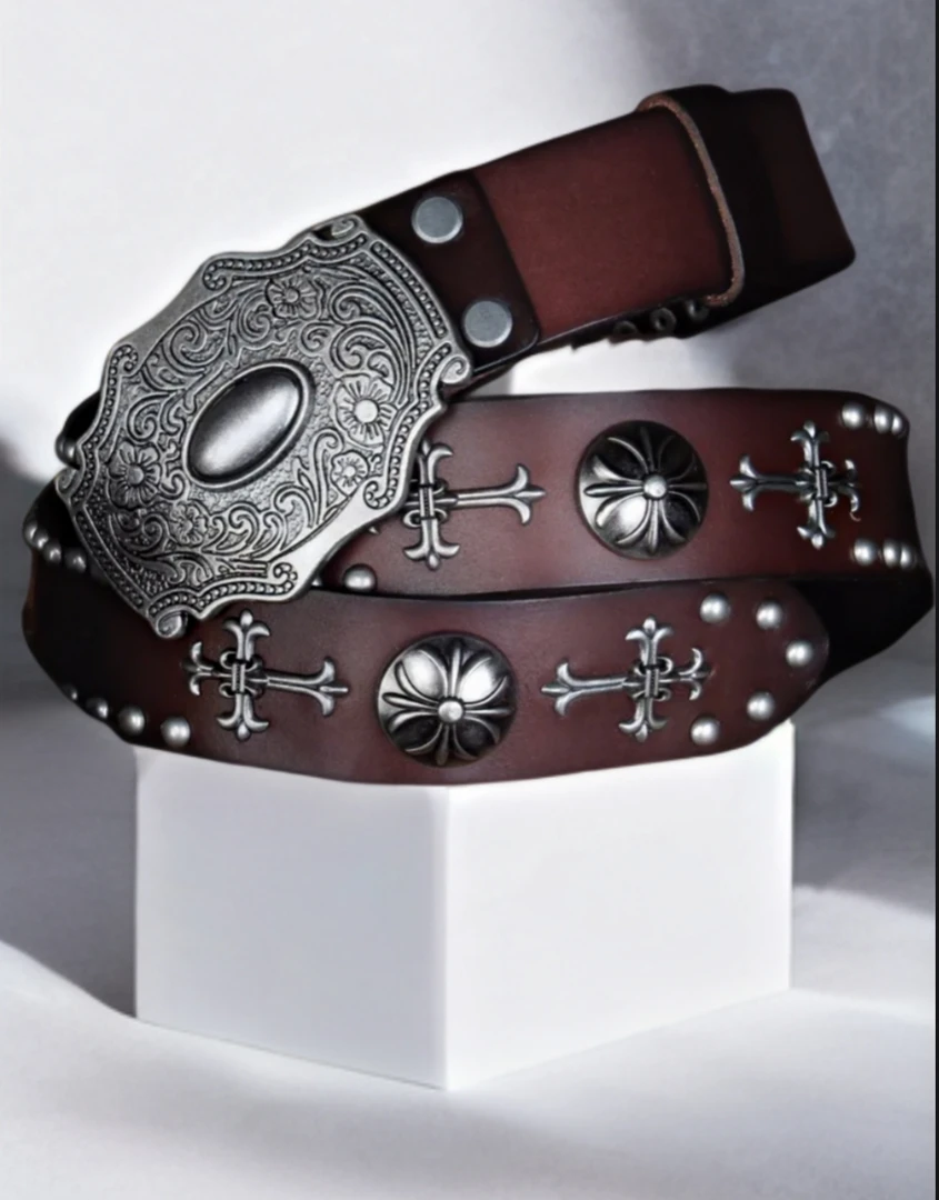 十字架个性朋克铆钉腰带头层牛皮男女骷髅头中性嘻哈皮带 大方扣