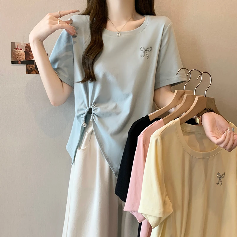 【运费补贴】夏款胖mm大码女设计感镶钻蝴蝶结不规则短袖T恤19945