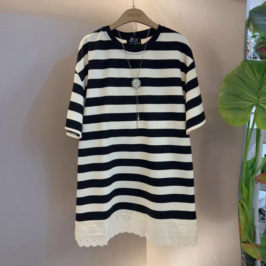 中长款轻熟风拼接法式常规款T恤韩版黑白宽松显瘦时尚大码