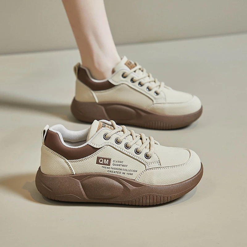 韩版女鞋2025春季新款皮面运动鞋跑步软底休闲百搭厚底增高板鞋5