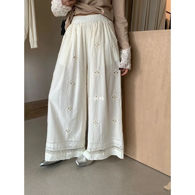 韩系镂空蕾丝拼接阔腿裤女夏季2025新款高腰宽松设计感阔腿休闲裤