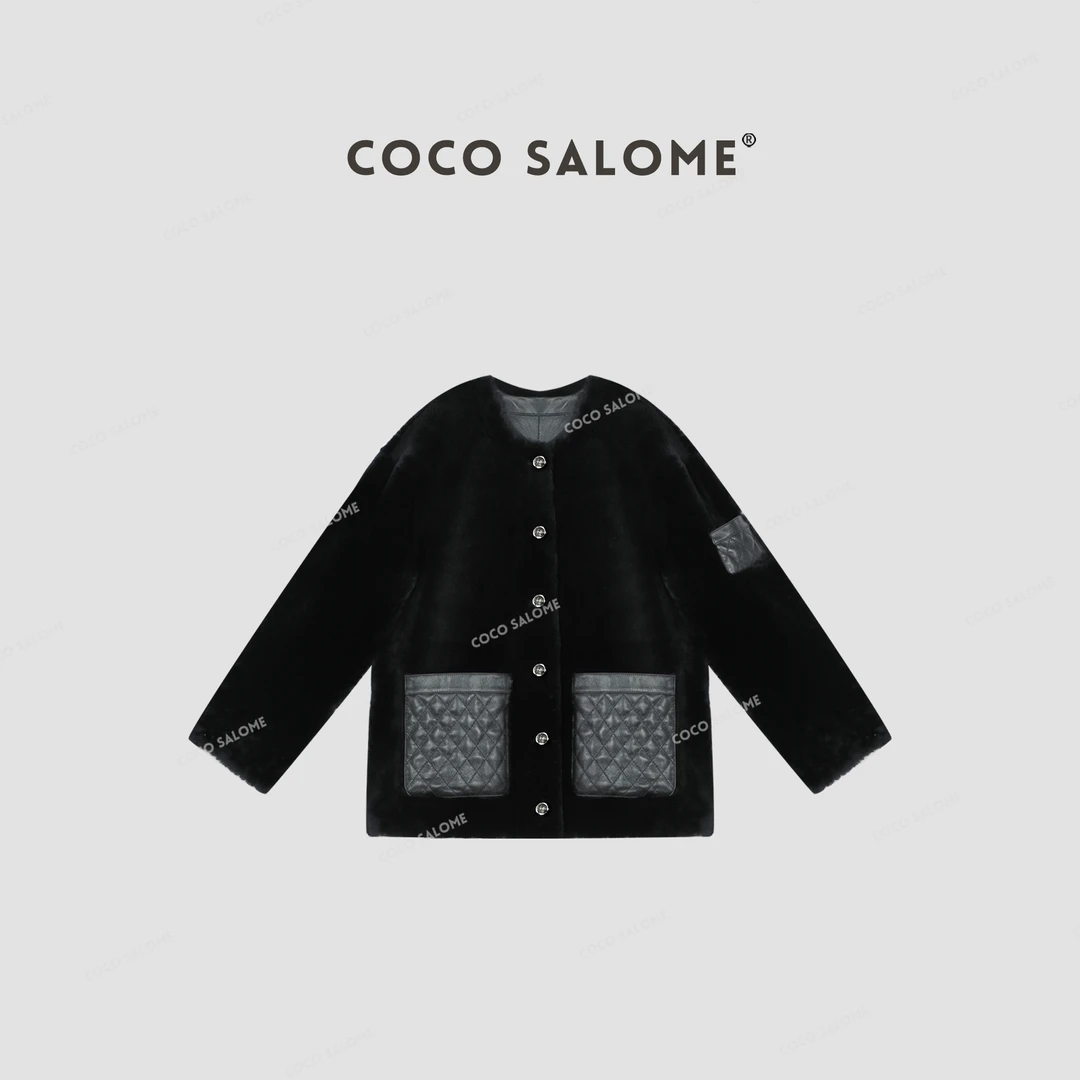 COCO SALOME⒁【稀世黑珍珠】冬季100%绵羊皮轻奢小香风女装外套0402