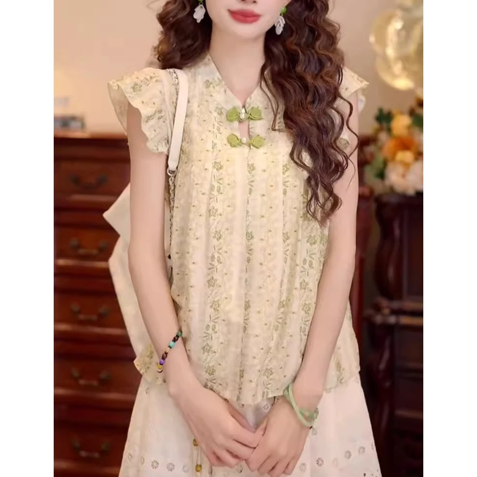 新中式温柔风小飞袖衬衫女夏季新款国风盘扣碎花气质显瘦上衣3660