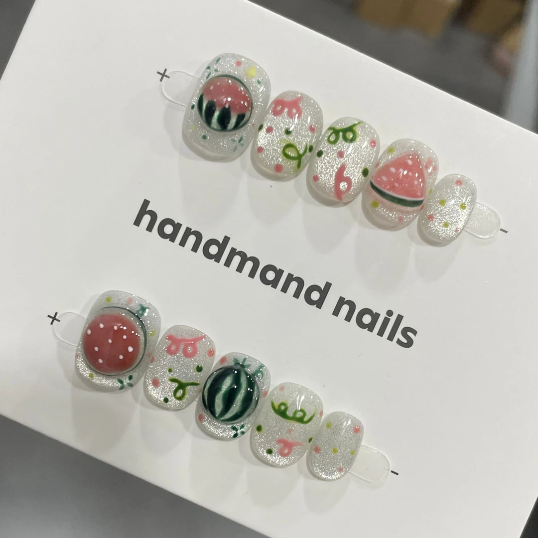 【剩下的盛夏】纯手工穿戴甲手绘立体捏捏西瓜猫眼卡通短款显白美甲