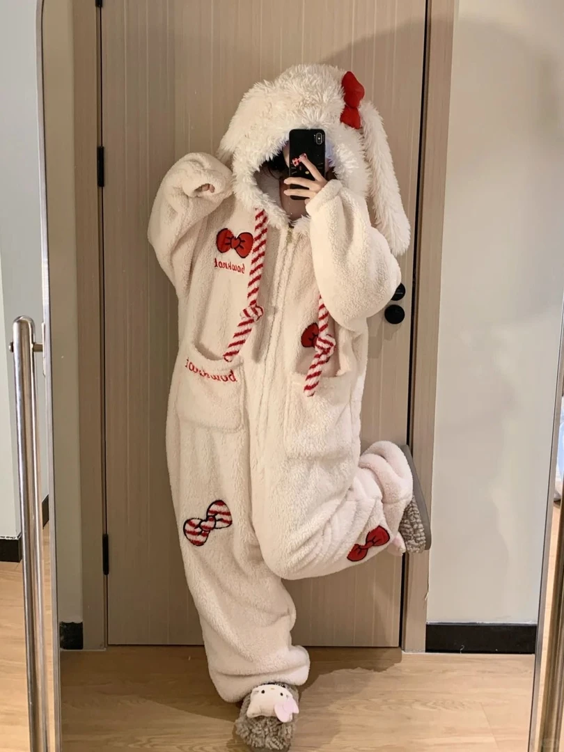 蝴蝶结兔子连体睡衣女冬季新款加绒加厚珊瑚绒甜美可爱外穿家居服