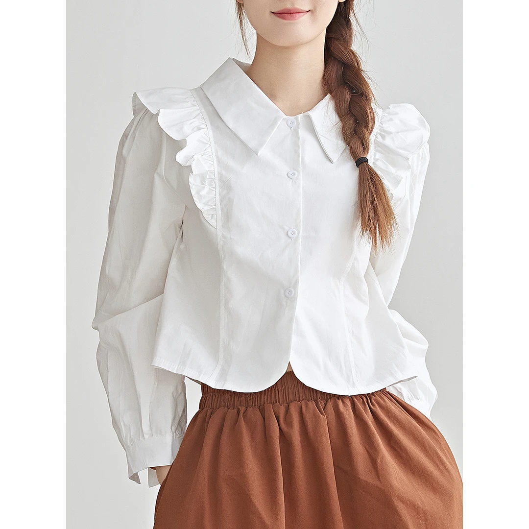 法式复古荷叶边拼接短款衬衫女士气质百搭修身显瘦泡泡袖甜美上衣